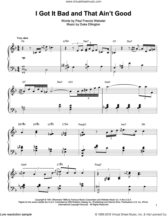I Got It Bad And That Ain't Good sheet music for piano solo (transcription) by Oscar Peterson, Duke Ellington and Paul Francis Webster, intermediate piano (transcription)