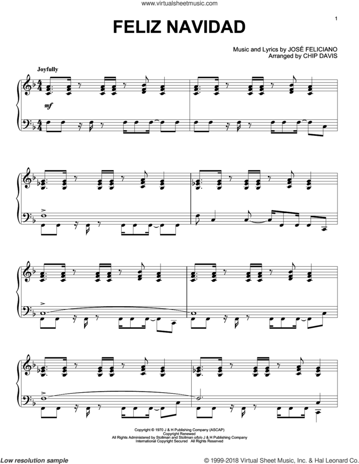 Feliz Navidad sheet music for piano solo by Mannheim Steamroller and Jose Feliciano, intermediate skill level