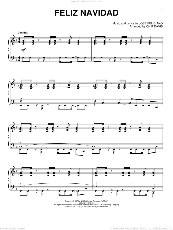 Feliz Navidad sheet music for piano solo by Mannheim Steamroller and Jose Feliciano, intermediate skill level