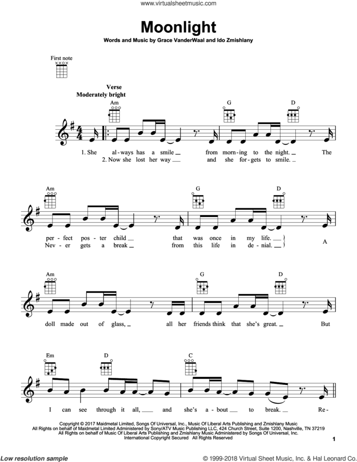 Moonlight sheet music for ukulele by Grace VanderWaal and Ido Zmishlany, intermediate skill level