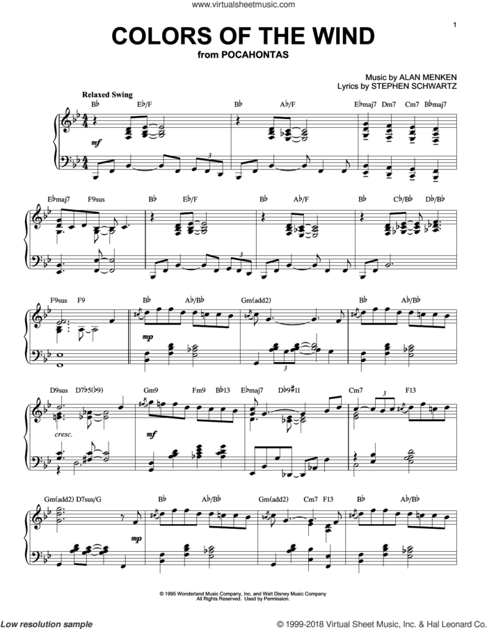 Colors Of The Wind [Jazz version] (from Pocahontas) sheet music for piano solo by Vanessa Williams, Alan Menken and Stephen Schwartz, intermediate skill level