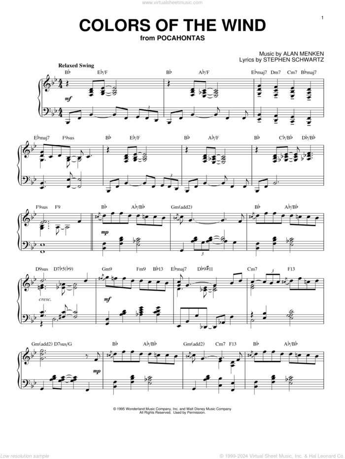 Colors Of The Wind [Jazz version] (from Pocahontas) sheet music for piano solo by Vanessa Williams, Alan Menken and Stephen Schwartz, intermediate skill level