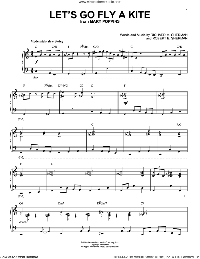 Let's Go Fly A Kite [Jazz version] (from Mary Poppins) sheet music for piano solo by Sherman Brothers, Richard M. Sherman and Robert B. Sherman, intermediate skill level