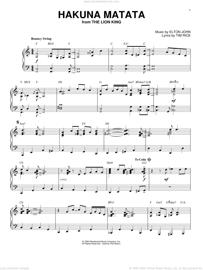 Hakuna Matata [Jazz version] (from The Lion King) sheet music for piano solo by Jimmy Cliff featuring Lebo M, Elton John and Tim Rice, intermediate skill level