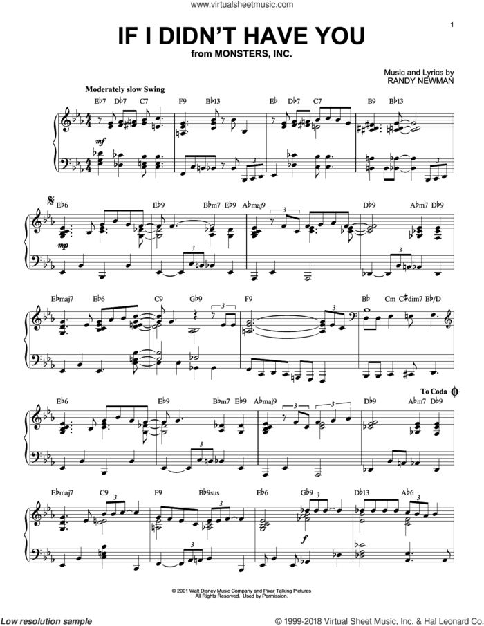 If I Didn't Have You [Jazz version] (from Disney's Monsters, Inc.) sheet music for piano solo by Billy Crystal and John Goodman and Randy Newman, intermediate skill level