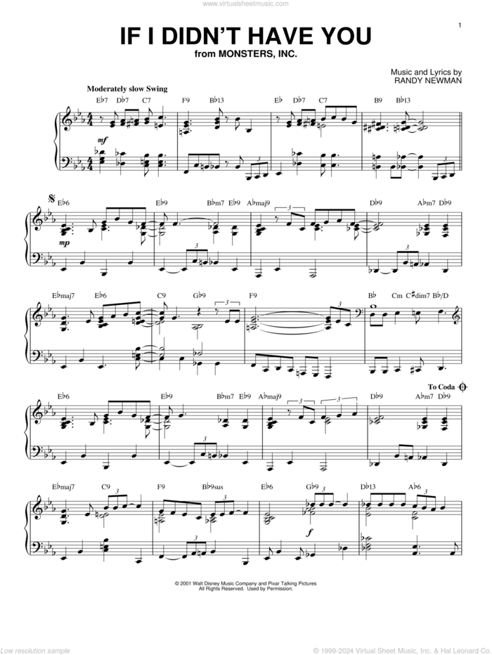 If I Didn't Have You [Jazz version] (from Disney's Monsters, Inc.) sheet music for piano solo by Billy Crystal and John Goodman and Randy Newman, intermediate skill level