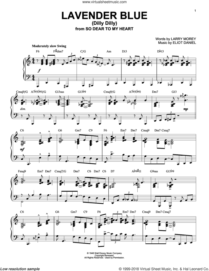 Lavender Blue (Dilly Dilly) (from So Dear To My Heart) [Jazz version] sheet music for piano solo by Sammy Turner, Burl Ives, Eliot Daniel and Larry Morey, intermediate skill level
