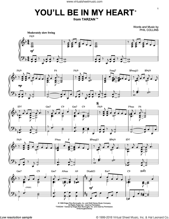 You'll Be In My Heart [Jazz version] (from Tarzan) sheet music for piano solo by Phil Collins, intermediate skill level