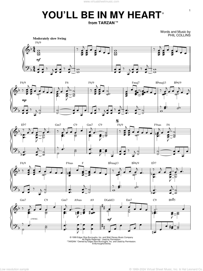 You'll Be In My Heart [Jazz version] (from Tarzan) sheet music for piano solo by Phil Collins, intermediate skill level