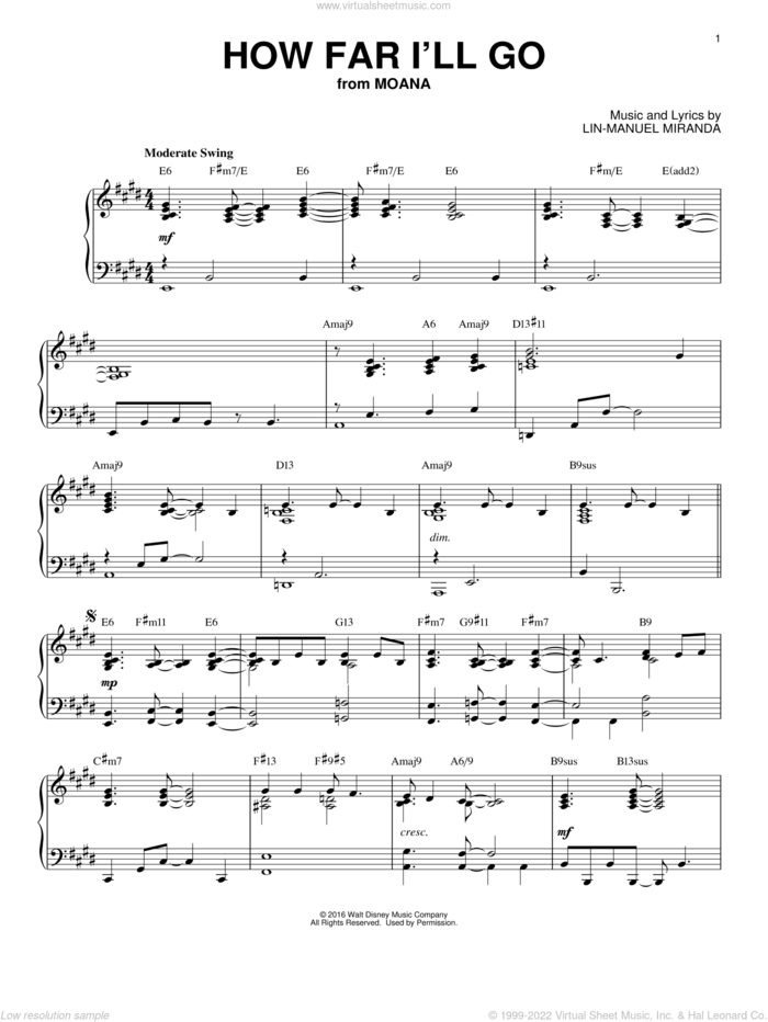How Far I'll Go [Jazz version] (from Moana) (arr. Brent Edstrom) sheet music for piano solo by Lin-Manuel Miranda, Brent Edstrom and Alessia Cara, intermediate skill level