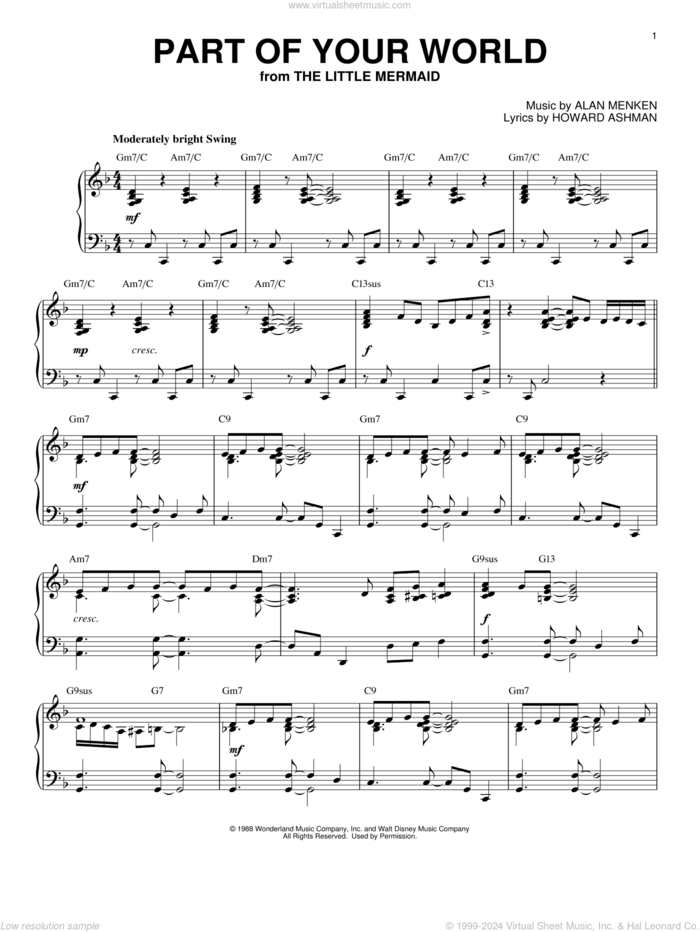 Part Of Your World [Jazz version] (from The Little Mermaid) sheet music for piano solo by Howard Ashman, Alan Menken and Alan Menken & Howard Ashman, intermediate skill level