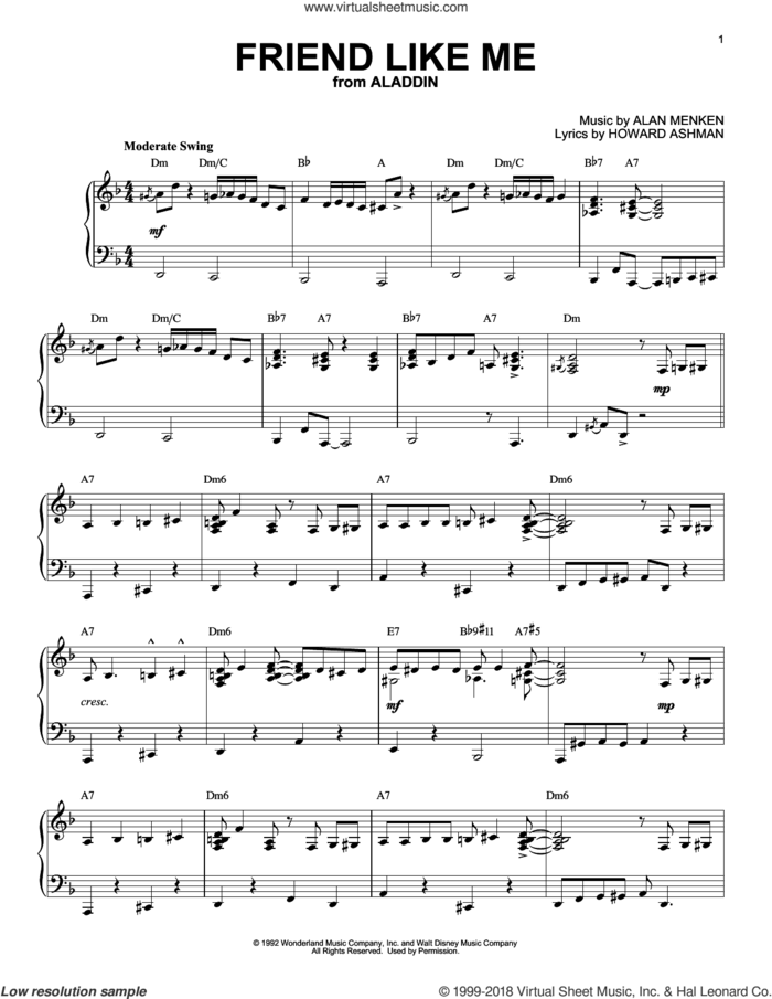 Friend Like Me [Jazz version] (from Aladdin) sheet music for piano solo by Alan Menken, Alan Menken & Howard Ashman and Howard Ashman, intermediate skill level