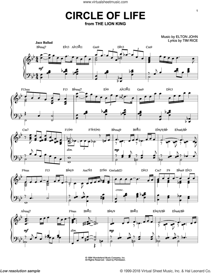 Circle Of Life [Jazz version] (from The Lion King) sheet music for piano solo by Elton John and Tim Rice, intermediate skill level