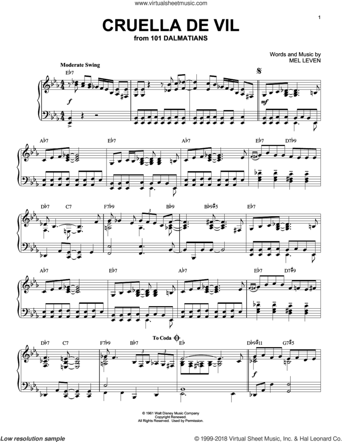 Cruella De Vil [Jazz version] (from 101 Dalmatians) sheet music for piano solo by Mel Leven, intermediate skill level
