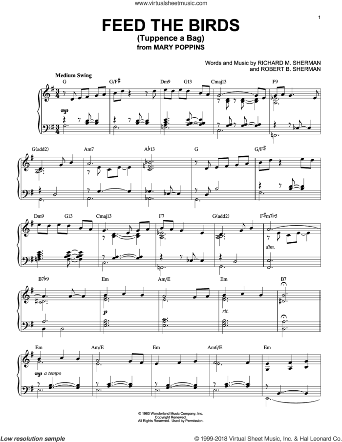 Feed The Birds (Tuppence A Bag) [Jazz version] (from Mary Poppins) sheet music for piano solo by Sherman Brothers, Richard M. Sherman and Robert B. Sherman, intermediate skill level