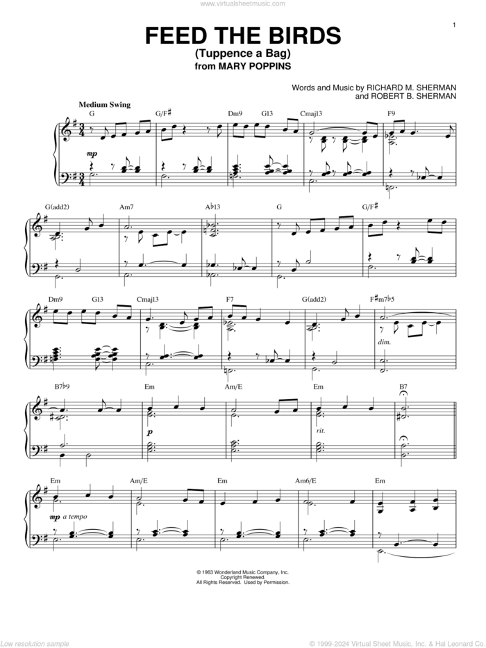 Feed The Birds (Tuppence A Bag) [Jazz version] (from Mary Poppins) sheet music for piano solo by Sherman Brothers, Richard M. Sherman and Robert B. Sherman, intermediate skill level