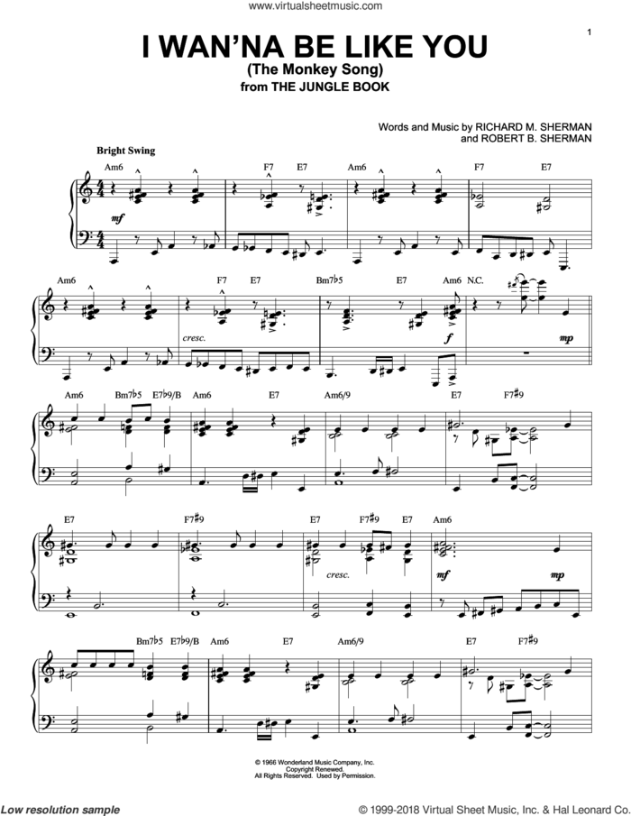 I Wan'na Be Like You (The Monkey Song) [Jazz version] (from The Jungle Book) sheet music for piano solo by Robert B. Sherman and Richard M. Sherman, intermediate skill level