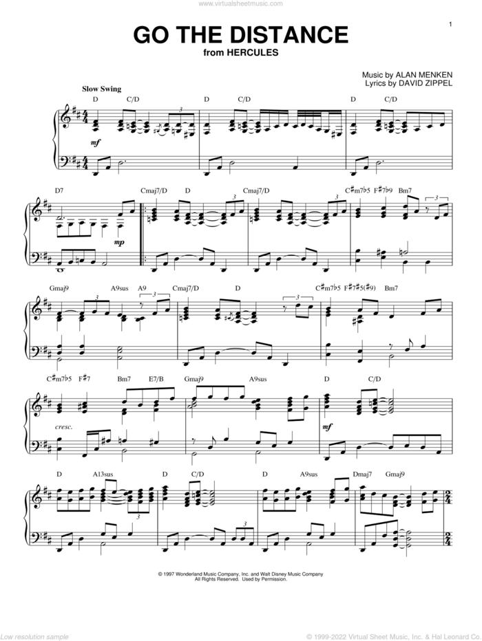 Go The Distance [Jazz version] (from Disney's Hercules) sheet music for piano solo by Michael Bolton, Alan Menken and David Zippel, intermediate skill level