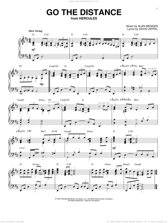 Go The Distance [Jazz version] (from Hercules) sheet music for piano solo by Michael Bolton, Alan Menken and David Zippel, intermediate skill level