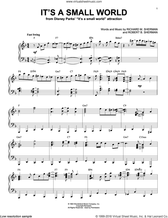It's A Small World [Jazz version] sheet music for piano solo by Sherman Brothers, Richard M. Sherman and Robert B. Sherman, intermediate skill level