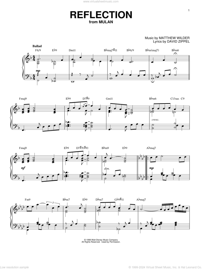 Reflection [Jazz version] (from Mulan) sheet music for piano solo by Matthew Wilder & David Zippel, Christina Aguilera, David Zippel and Matthew Wilder, intermediate skill level