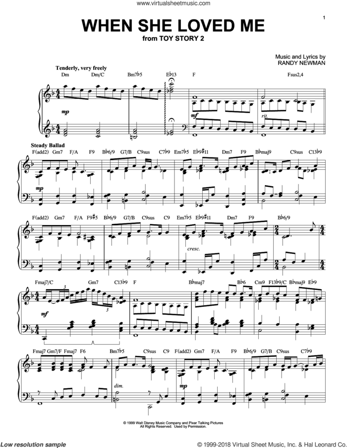 When She Loved Me [Jazz version] (from Toy Story 2) sheet music for piano solo by Sarah McLachlan and Randy Newman, intermediate skill level