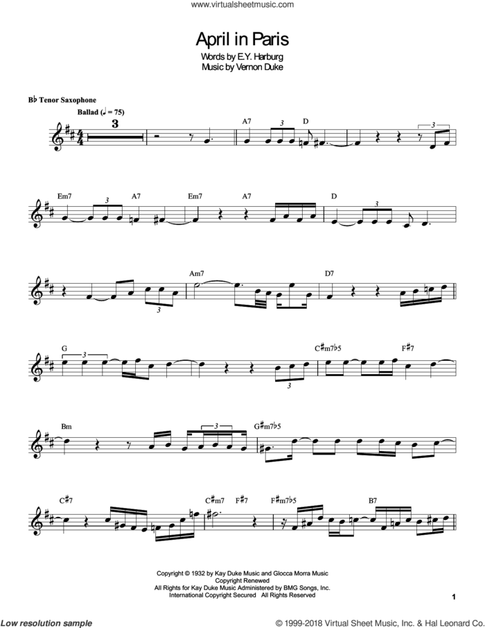 April In Paris sheet music for tenor saxophone solo (transcription) by Coleman Hawkins, E.Y. Harburg and Vernon Duke, intermediate tenor saxophone (transcription)