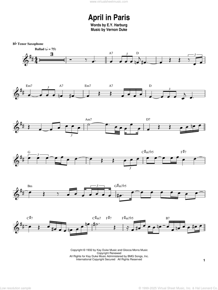 April In Paris sheet music for tenor saxophone solo (transcription) by Coleman Hawkins, E.Y. Harburg and Vernon Duke, intermediate tenor saxophone (transcription)