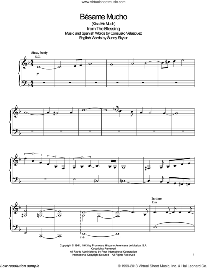 Besame Mucho (Kiss Me Much) sheet music for piano solo (transcription) by Gonzalo Rubalcaba, Consuelo Velazquez, Consuelo Velazquez (Original) and Sunny Skylar (English), intermediate piano (transcription)