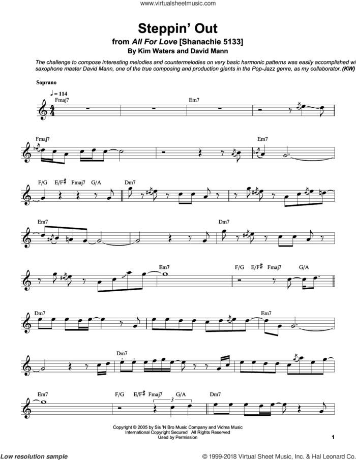 Steppin' Out sheet music for soprano saxophone solo (transcription) by Kim Waters and David Mann, intermediate soprano saxophone (transcription)