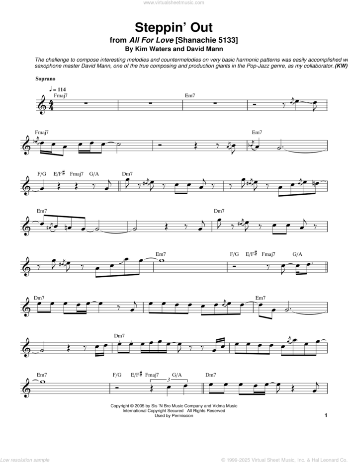 Steppin' Out sheet music for soprano saxophone solo (transcription) by Kim Waters and David Mann, intermediate soprano saxophone (transcription)