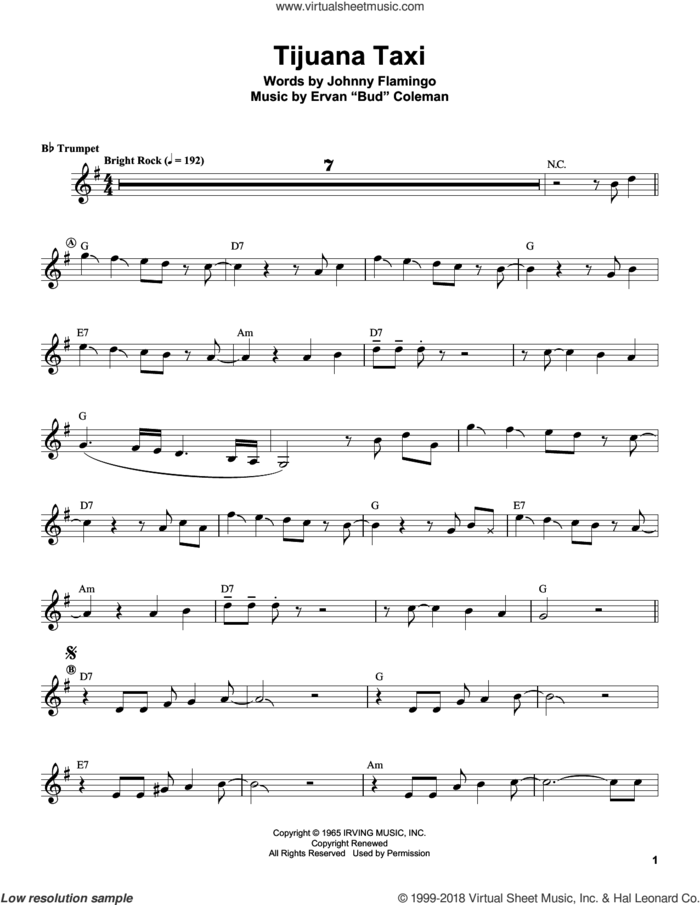 Tijuana Taxi sheet music for trumpet solo (transcription) by Herb Alpert, Ervan 'Bud' Coleman and Johnny Flamingo, intermediate trumpet (transcription)