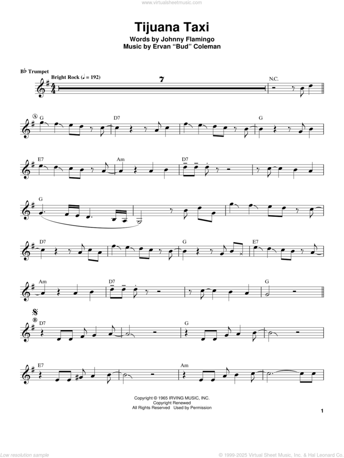 Tijuana Taxi sheet music for trumpet solo (transcription) by Herb Alpert, Ervan 'Bud' Coleman and Johnny Flamingo, intermediate trumpet (transcription)