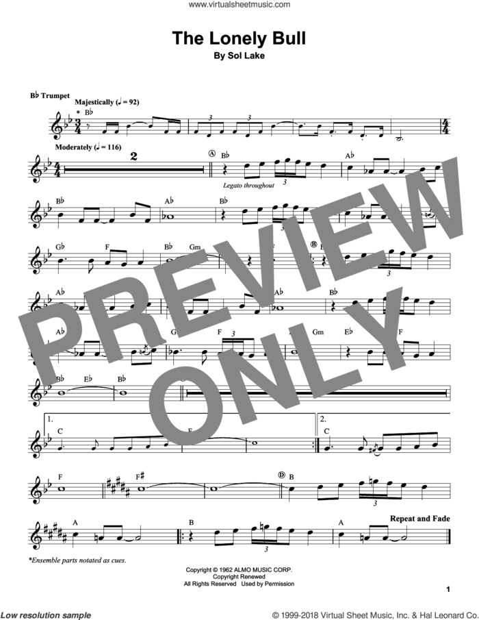 The Lonely Bull sheet music for trumpet solo (transcription) by Herb Alpert and Sol Lake, intermediate trumpet (transcription)