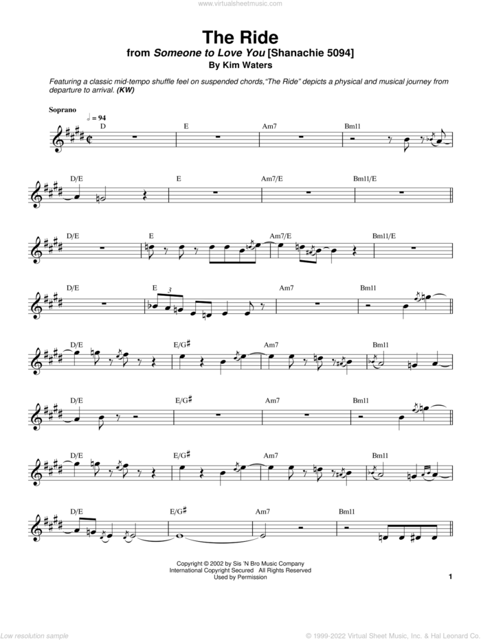 The Ride sheet music for soprano saxophone solo (transcription) by Kim Waters, intermediate soprano saxophone (transcription)