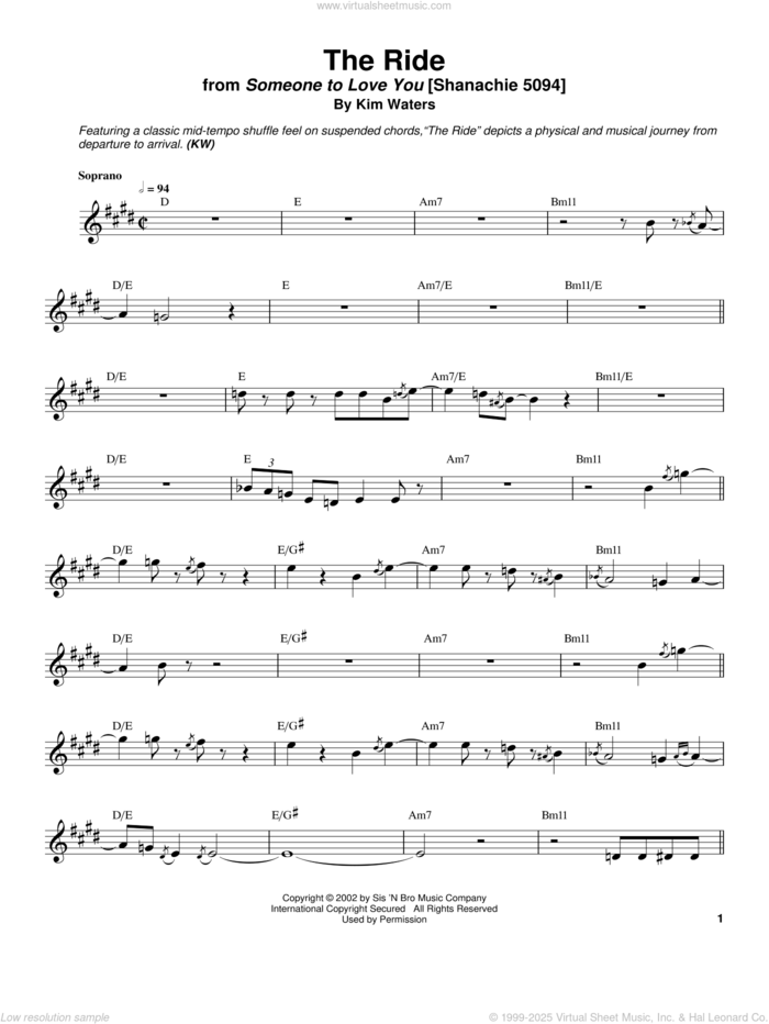 The Ride sheet music for soprano saxophone solo (transcription) by Kim Waters, intermediate soprano saxophone (transcription)