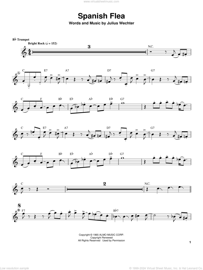 Spanish Flea sheet music for trumpet solo (transcription) by Herb Alpert and Julius Wechter, intermediate trumpet (transcription)