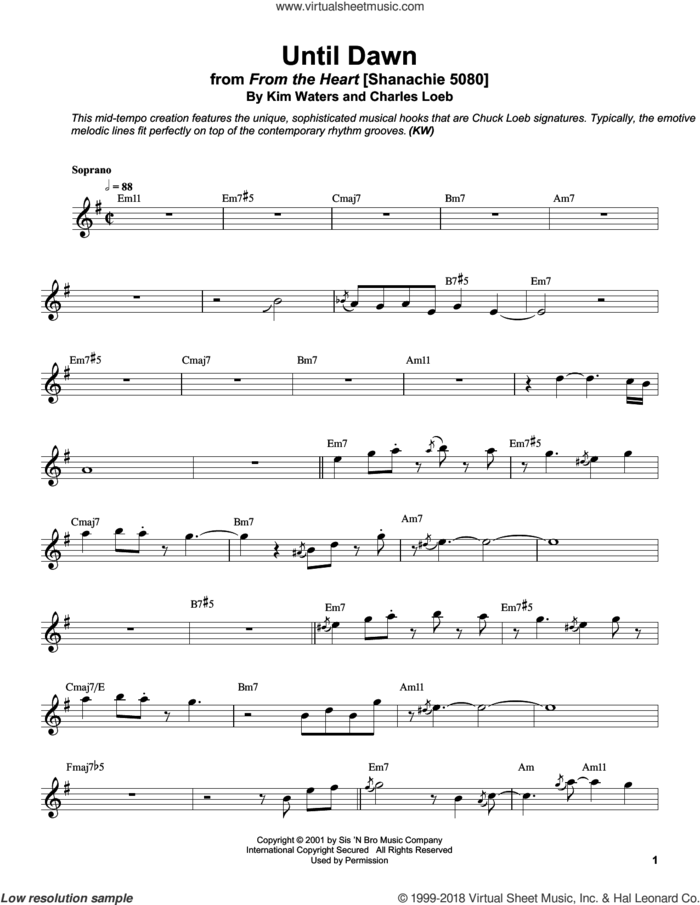 Until Dawn sheet music for soprano saxophone solo (transcription) by Kim Waters and Charles Loeb, intermediate soprano saxophone (transcription)