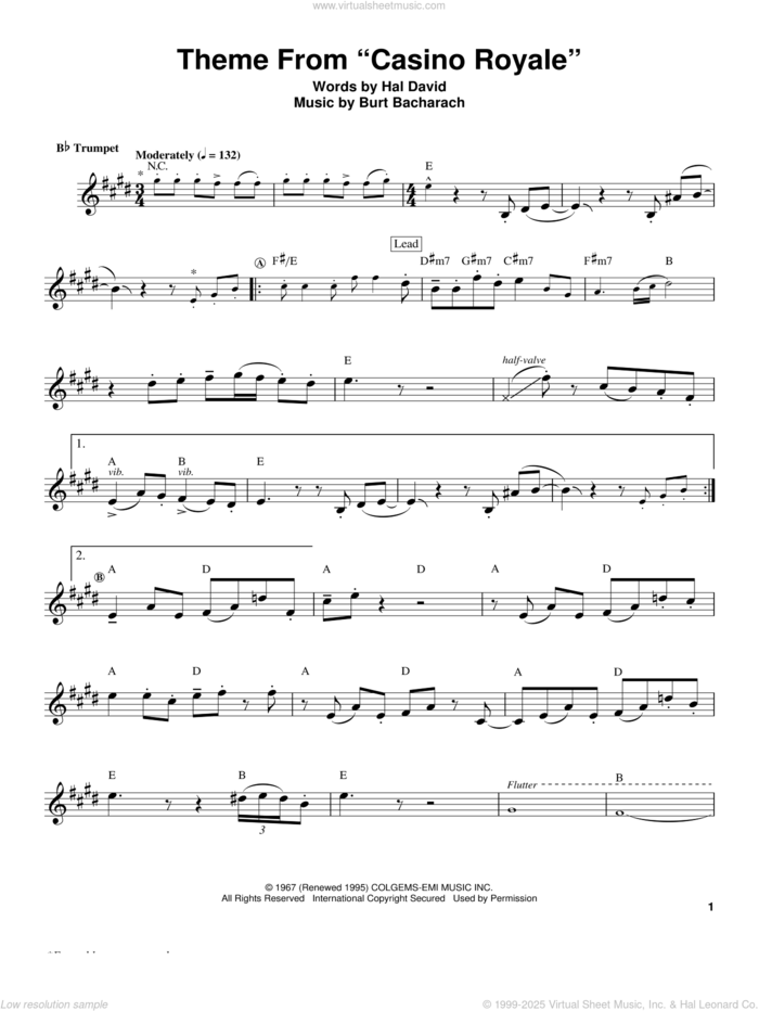 Theme From 'Casino Royale' sheet music for trumpet solo (transcription) by Herb Alpert, Burt Bacharach and Hal David, intermediate trumpet (transcription)