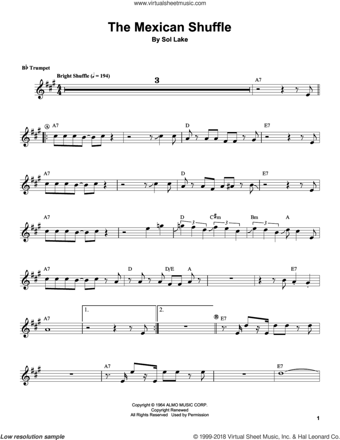 The Mexican Shuffle sheet music for trumpet solo (transcription) by Herb Alpert and Sol Lake, intermediate trumpet (transcription)