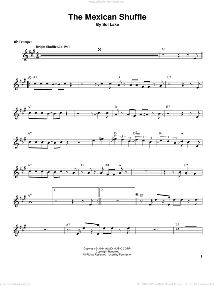 The Mexican Shuffle sheet music for trumpet solo (transcription) by Herb Alpert and Sol Lake, intermediate trumpet (transcription)