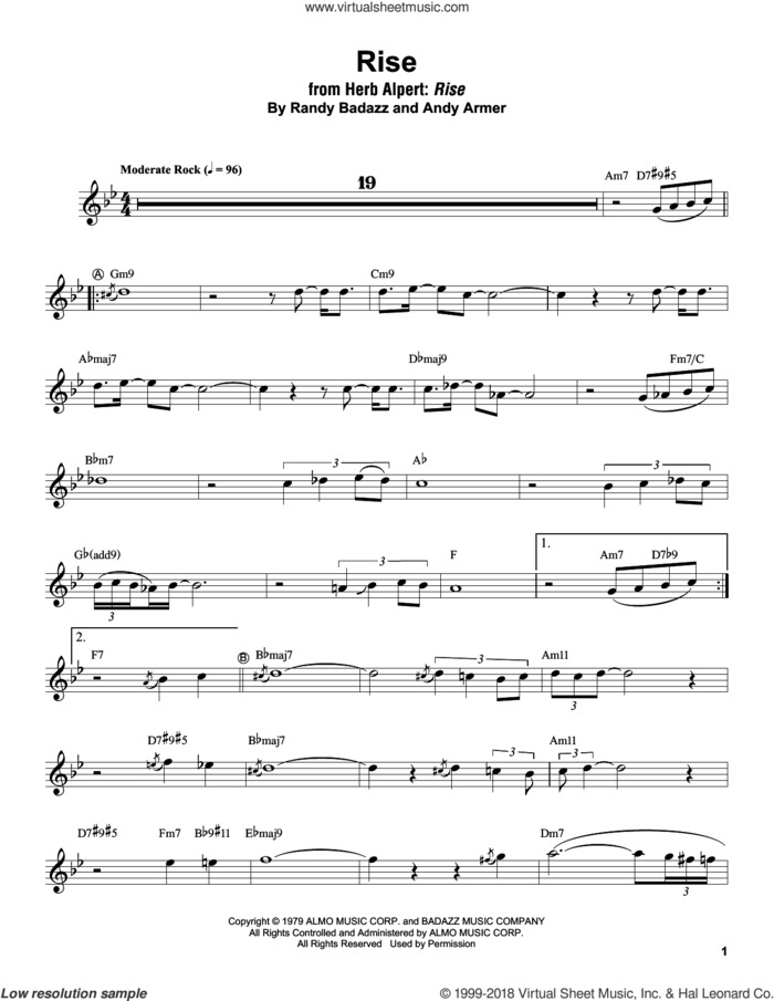 Rise sheet music for trumpet solo (transcription) by Herb Alpert, Andy Armer and Randy Badazz, intermediate trumpet (transcription)