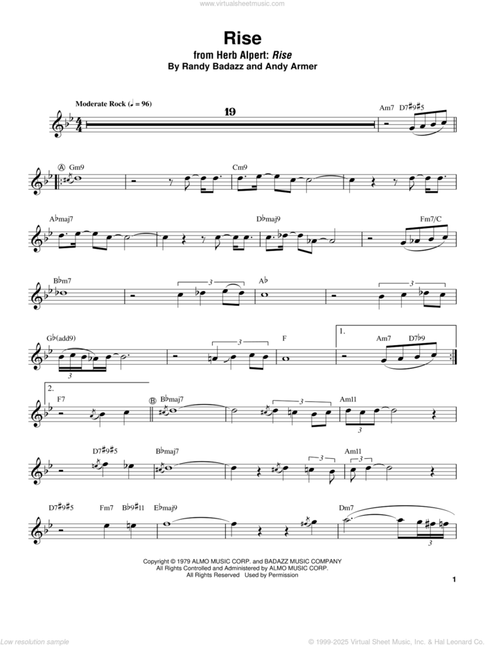 Rise sheet music for trumpet solo (transcription) by Herb Alpert, Andy Armer and Randy Badazz, intermediate trumpet (transcription)