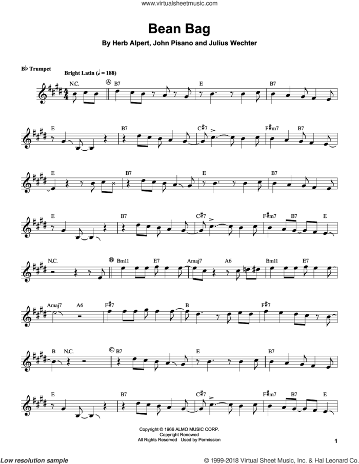 Bean Bag sheet music for trumpet solo (transcription) by Herb Alpert, John Pisano and Julius Wechter, intermediate trumpet (transcription)