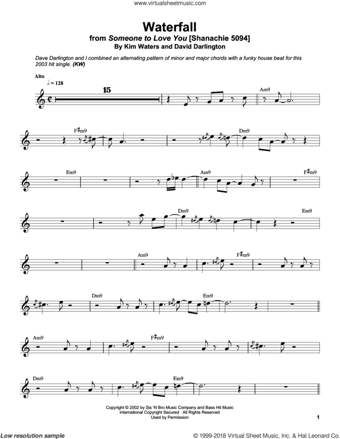 Waterfall sheet music for alto saxophone (transcription) by Kim Waters and David Darlington, intermediate skill level
