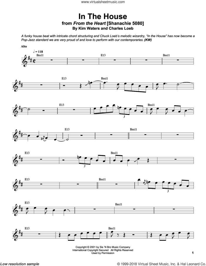 In The House sheet music for alto saxophone (transcription) by Kim Waters and Charles Loeb, intermediate skill level