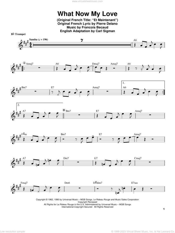 What Now My Love sheet music for trumpet solo (transcription) by Herb Alpert, Carl Sigman, Francois Becaud and Pierre Delanoe, intermediate trumpet (transcription)