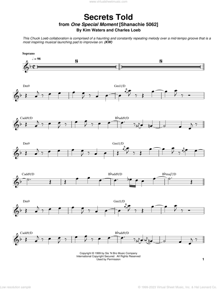 Secrets Told sheet music for soprano saxophone solo (transcription) by Kim Waters and Charles Loeb, intermediate soprano saxophone (transcription)