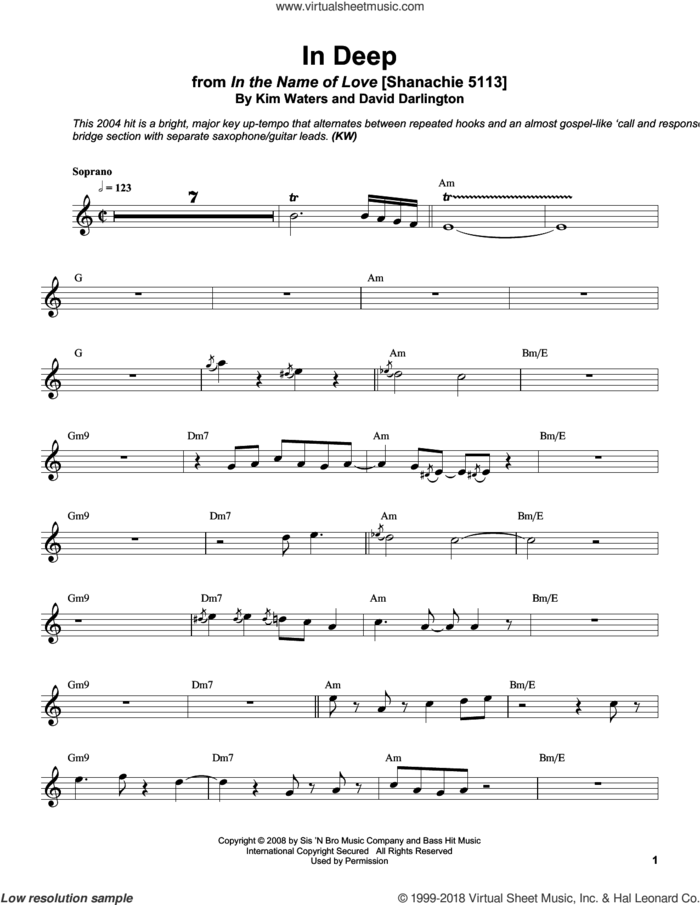 In Deep sheet music for soprano saxophone solo (transcription) by Kim Waters and David Darlington, intermediate soprano saxophone (transcription)