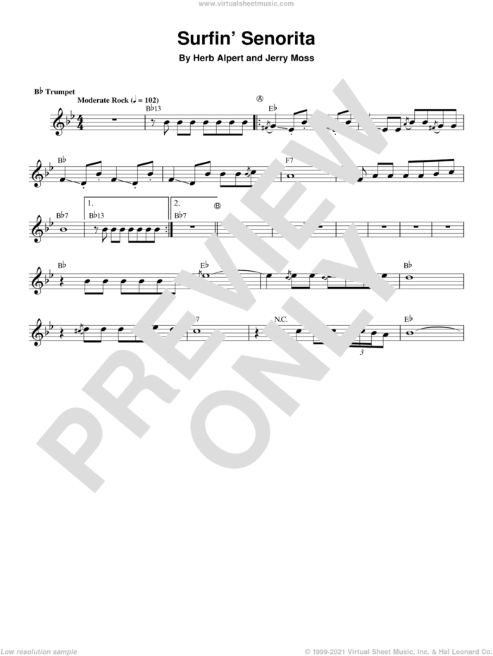 Surfin' Senorita sheet music for trumpet solo (transcription) by Herb Alpert and Jerry Moss, intermediate trumpet (transcription)